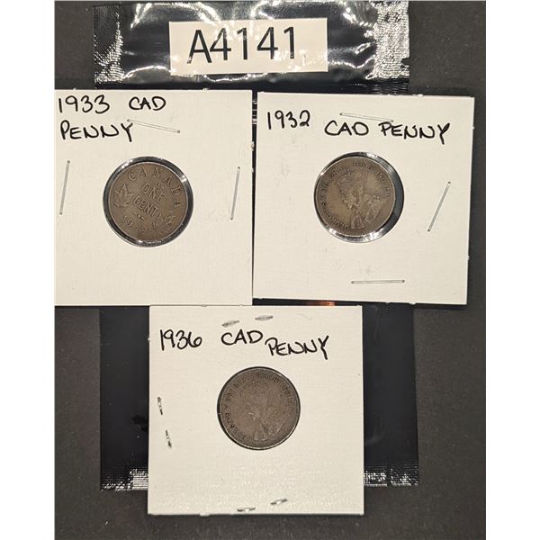Three 1930s Canadian Pennies-'32, '33, '36 (A4141)