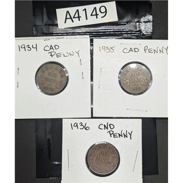 1934, '35, '36 Canadian Pennies (A4149)
