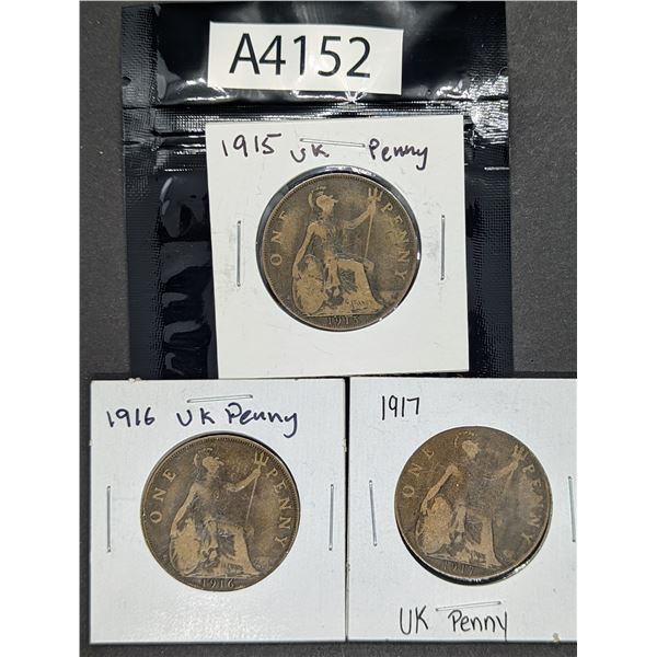 1915, '16, '17 UK Pennies (A4152)