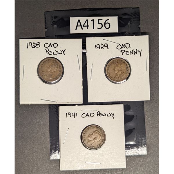 Three Canadian Pennies- 1928, 1929, 1941 (A4156)