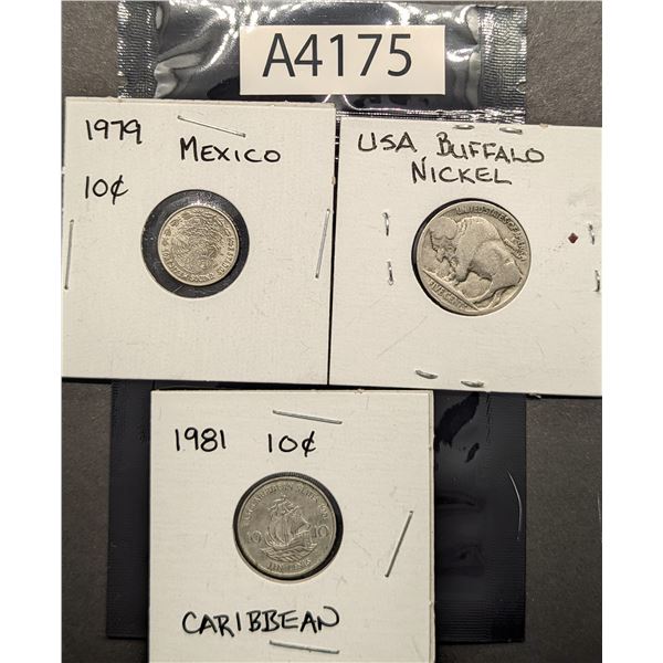 1979 Mexican 10 Cent Piece, 1981 USA 10 Cent Piece and USA Buffalo Nickel (A4175)