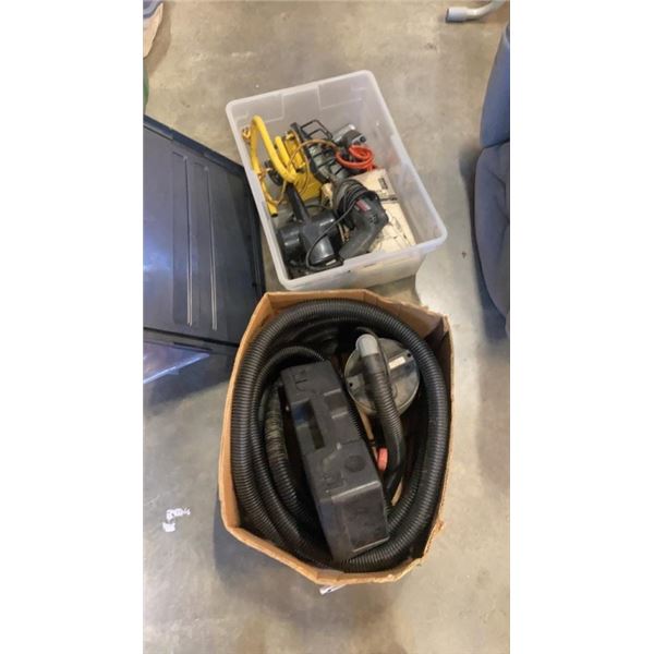 TOTE AND BOX OF SUMP PUMP, TOOLS, SANDER, WORK LIGHT