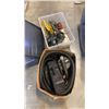 Image 1 : TOTE AND BOX OF SUMP PUMP, TOOLS, SANDER, WORK LIGHT