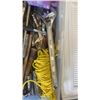Image 2 : TOTE OF TOOLS, 24 INCH ADJUSTABLE WRENCH, 20 INCH RATCHET WRENCH, CLAMPS, ROPE
