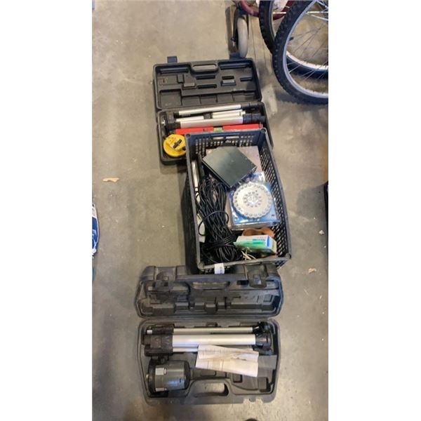 2 LASER LEVELS AND CRATE OF ELECTRONICS