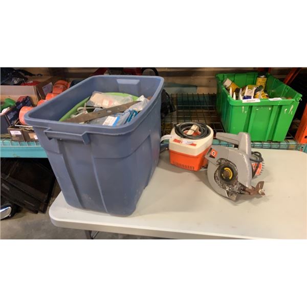 TOTE OF HARDWARE, SHOP SUPPLIES, CIRCULAR SAW ,CLAMP, BALCK AND DECKER AIR COMPRESSOR