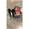 Image 1 : BOX OF BACKPACK, FLIPPERS, LIFE JACKET, BAFFIN INSULATED BOOTS SIZE 8
