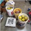 Image 1 : 3 BUCKET OF BASEBALL ITEMS: SOFTBALLS, MASKS, TEES AND BASE