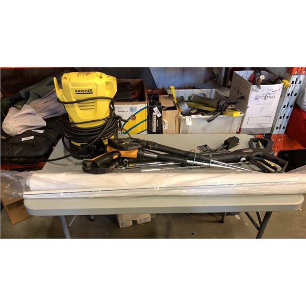 KARCHER ELECTRIC POWER WASHER, VARIOUS WANDS AND ROLL OF SCREEN