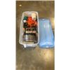 Image 1 : TOTE OF ROPE, GROW TRAYS, ELECTRIC FENCE GENERATOR, GARDEN TOOLS