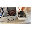 Image 1 : 2 TOTES OF PALLET JACK WHEELS AND TIE DOWN STRAPS