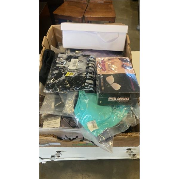 BOX OF WOMENS CLOTHING AND ACCESSORIES, NAIL ART, SIZE 10 WOMENS FLATS, MEDIUM NIRVANA SHIRT