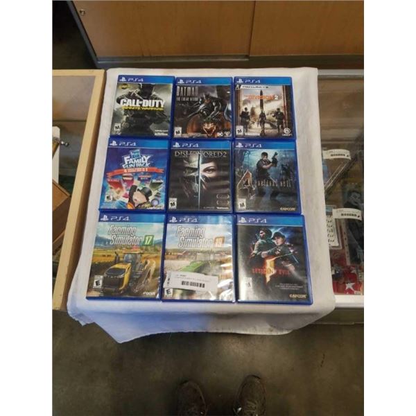 9 PS4 VIDEOGAMES INCLUDING RESIDENT EVIL 4 AND 5, CALL OF DUTY INFINITE WARFARE, FARMING SIMULATOR 1