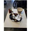 Image 1 : METAL TRAY OF TEAPOTS, STAINLESS CREAMER, THERMOMETER BAROMETER AND 2 PLANTERS