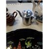 Image 8 : METAL TRAY OF TEAPOTS, STAINLESS CREAMER, THERMOMETER BAROMETER AND 2 PLANTERS