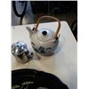 Image 9 : METAL TRAY OF TEAPOTS, STAINLESS CREAMER, THERMOMETER BAROMETER AND 2 PLANTERS