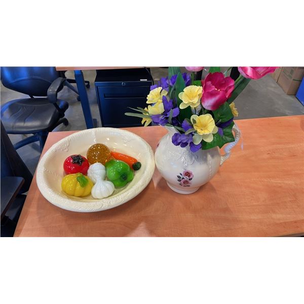 VINTAGE JUG AND BOWL SET WITH SOLID GLASS VEGETABLES