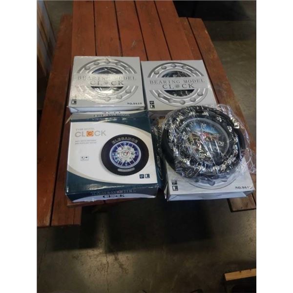 3 NEW BEARING WALL CLOCKS AND TIRE WALL CLOCK