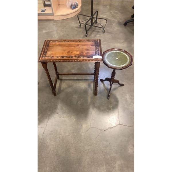 CARVED HALL TABLE WITH SPIRAL LEGS AND LEATHER INSERT PARLOUR TABLE