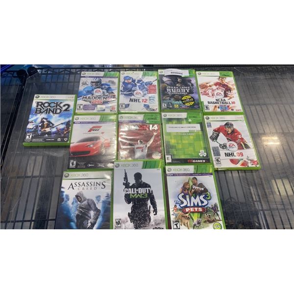 12 XBOX 360 VIDEOGAMES INCLUDING ROCK BAND 2, MODERN WARFARE 3, FOOTBALL, HOCKEY, RUGBY AND BASKETBA