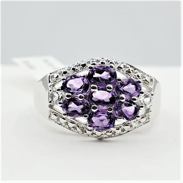 STERLING SILVER NATURAL AMETHYST (1CT) & WHITE SAPPHIRE RING, W/A $400.00, SIZE 7