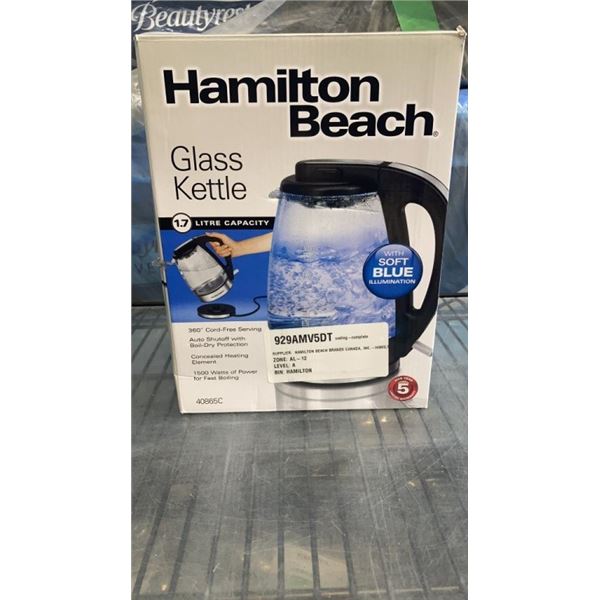 HAMILTON BEACH 1.7 L GLASS KETTLE TESTED AND WORKING, RETAIL $44