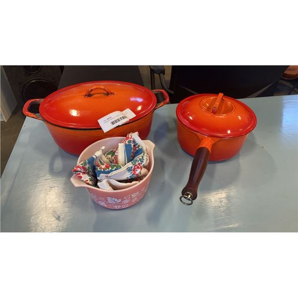 CASRON JAPAN ENAMELED CAST IRON POT WITH LID, PINK PYREX BOW AND LIDDED ENAMELED CAST IRON DUTCH OVE