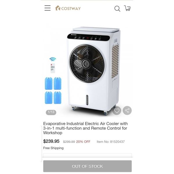 COSTWAY EVAPORATIVE AIR COOLER - RETAIL $239.95