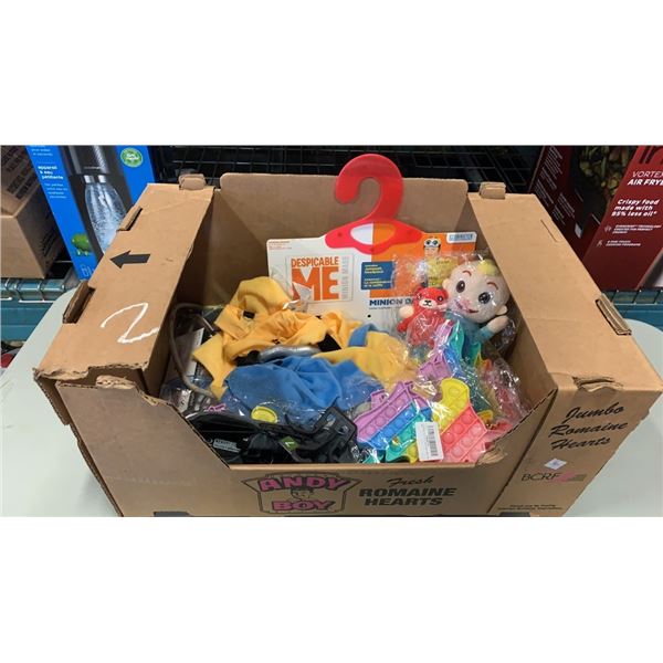 BOX OF NEW COCOMELON JJ DOLL, MINION COSTUME, SIZE 7 MEMORY FOAM SHOES AND SILICONE FIDGIT POPPER TO