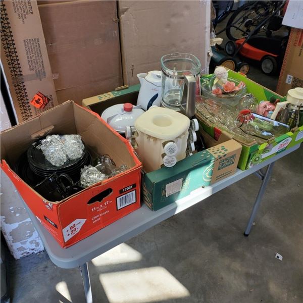 3 TRAYS OF DISHES, APPLIENCES, SPICE RACK AND SERVING DISHES