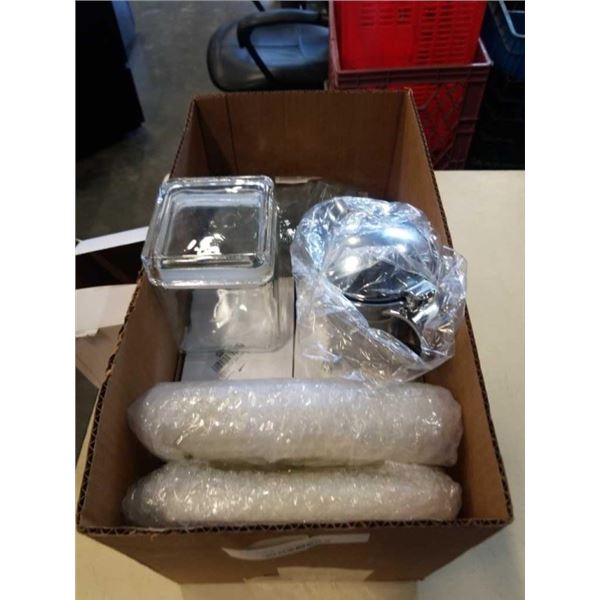 BOX OF NEW ITEMS, STAINLESS GRAVY BOATS, JEWELRY TRAYS, STUFFED ANIMAL POUCHES