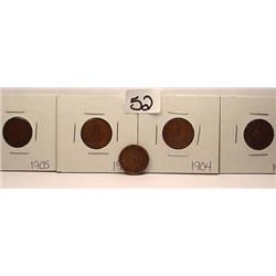 LOT OF 5 INDIAN HEAD CENTS / PENNIES - 1863, 1902,