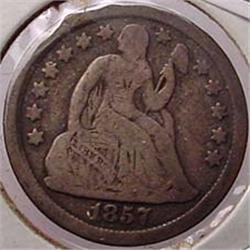 1857 SEATED LIBERTY DIME VG