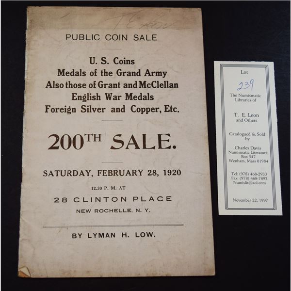 Low, Lyman H.: Public Coin Sale. U.S. Coins, Medals of the Grand Army, Also Those of Grant and McCle