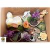 BOX OF FIGURES AND ARTIFICIAL FLOWERS