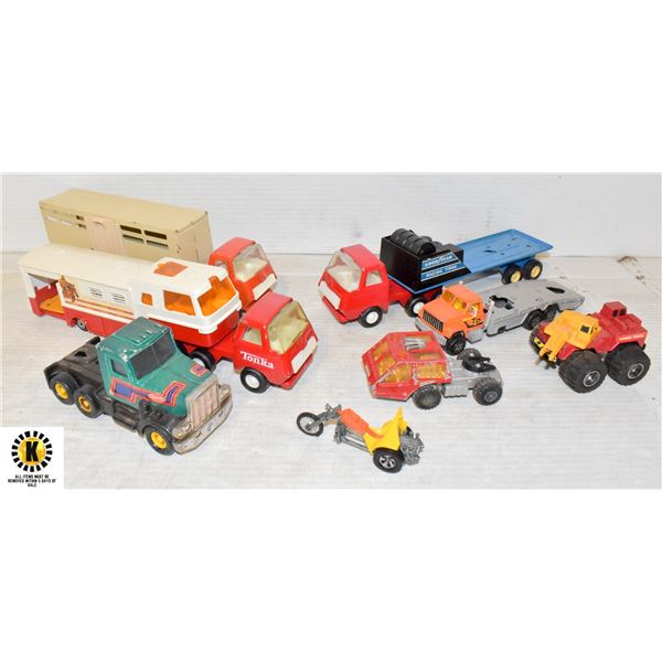 TRAY OF TONKA TRUCKS WITH TRAILERS & VINTAGE