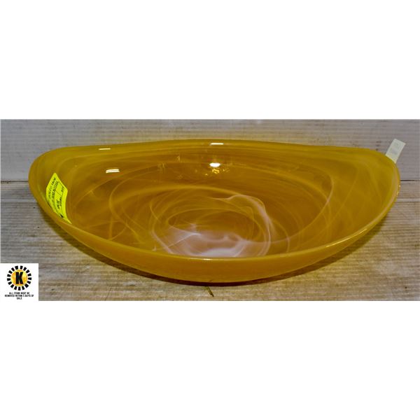 YELLOW SWIRL ART GLASS FRUIT BOWL 13.5 INCHES