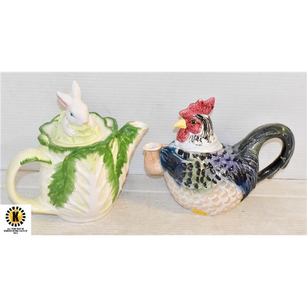 PAIR OF ANIMAL TEAPOTS, ROOSTER & BUNNY IN