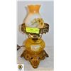 VINTAGE BRASS AND AMBER GLASS HURRICANE LAMP