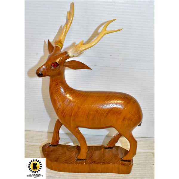 WOODEN DEER STATUE -ONE PART OF LEFT ANTLER BROKEN