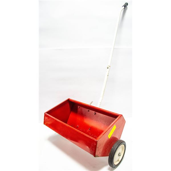 RED METAL SEED /FERTILIZER SPREADER W/WHITE HANDLE