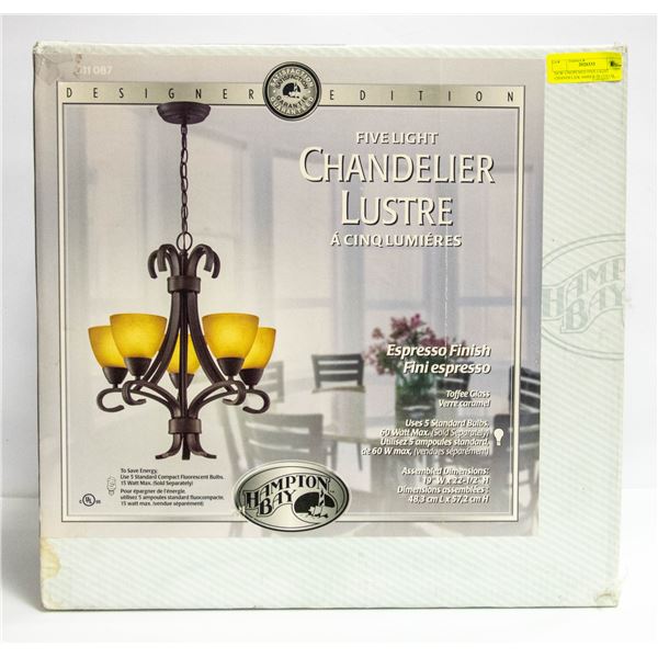 NEW UNOPENED FIVE LIGHT CHANDELIER AMBER IN COLOR