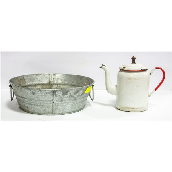 VINTAGE ENAMELED KETTLE & TUB