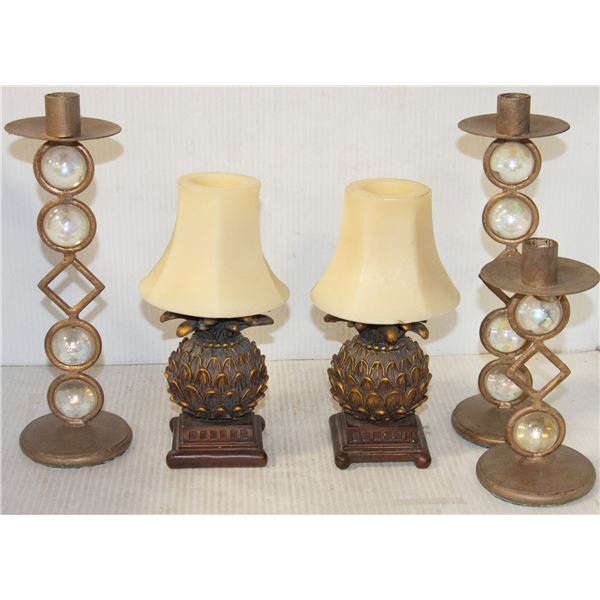 3 RETRO CANDLE HOLDERS & 2 CANDLES