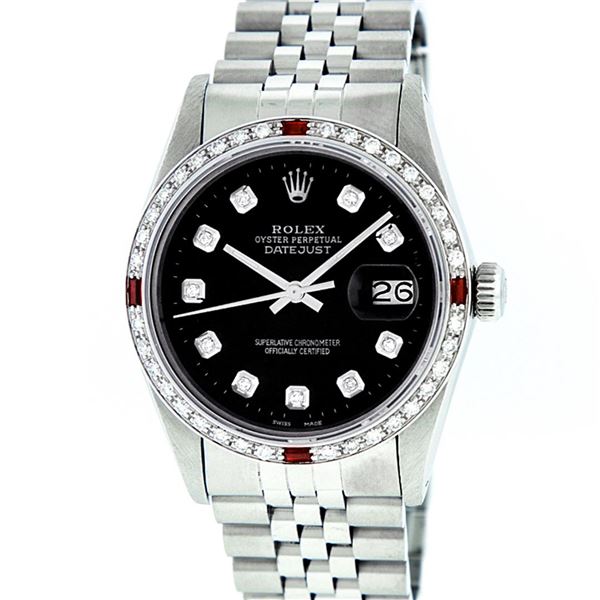 Rolex Mens Stainless Steel Black Diamond & Ruby 36MM Datejust