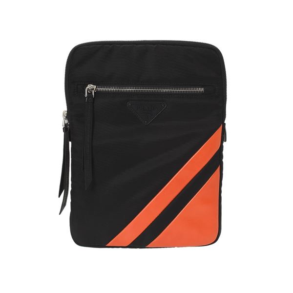 Prada Black Tessuto Nylon Orange Leather Zip Pouch