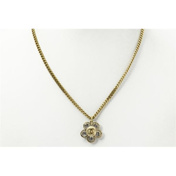 Chanel Gold-tone Metal CC Rhinestone Flower Pendant Necklace