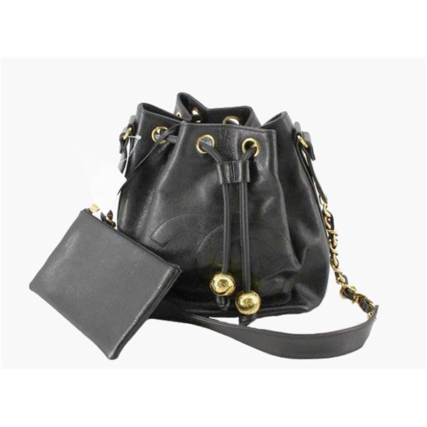 Chanel Black Caviar Leather CC Stitch Logo Drawstring Bucket Bag