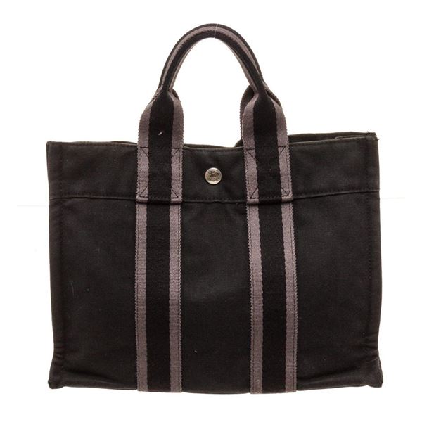 Hermes Black Canvas Leather Herline PM Tote Bag