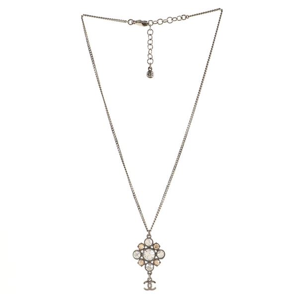 Chanel Silver Crystal Embellished Metal CC Cluster Pendant Necklace